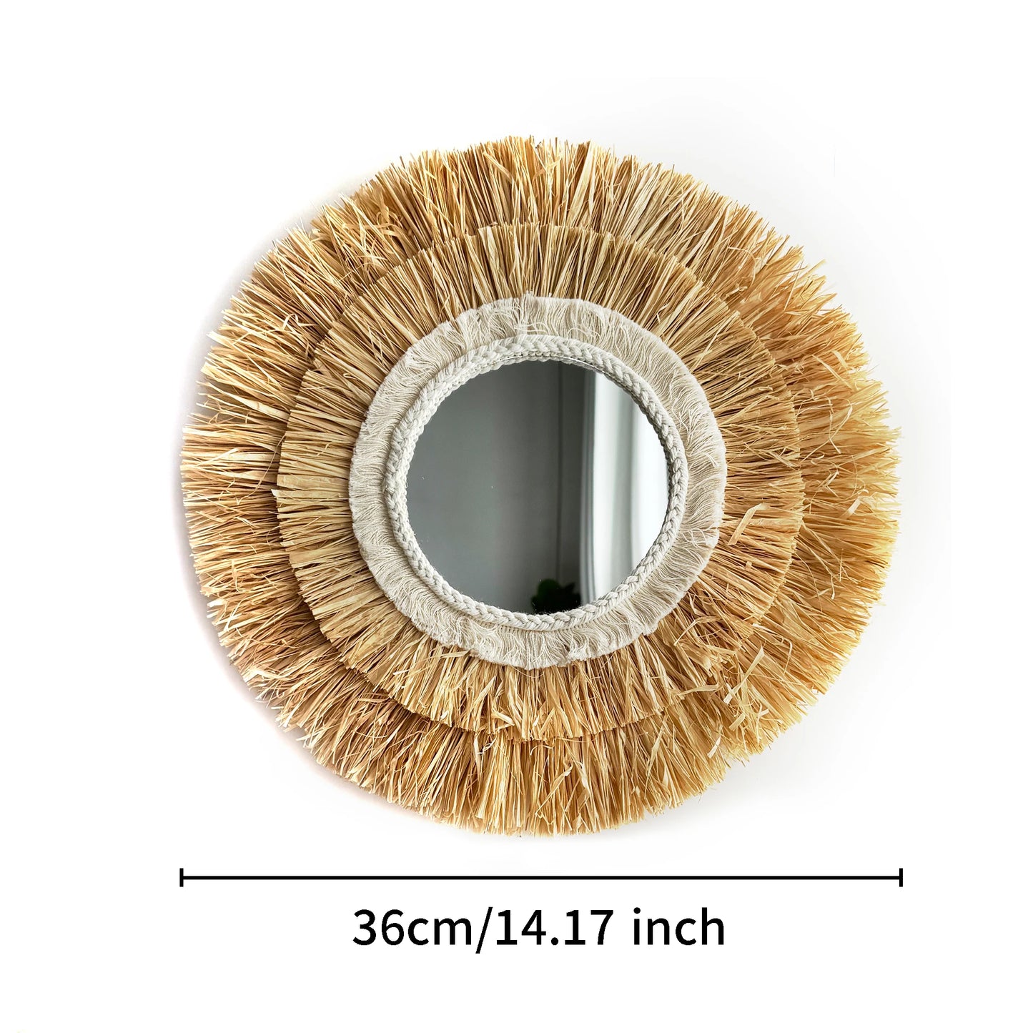 Boho Raffia Wall Mirror – Round Two-Layer Design for Rustic Living Room or Bathroom Decor