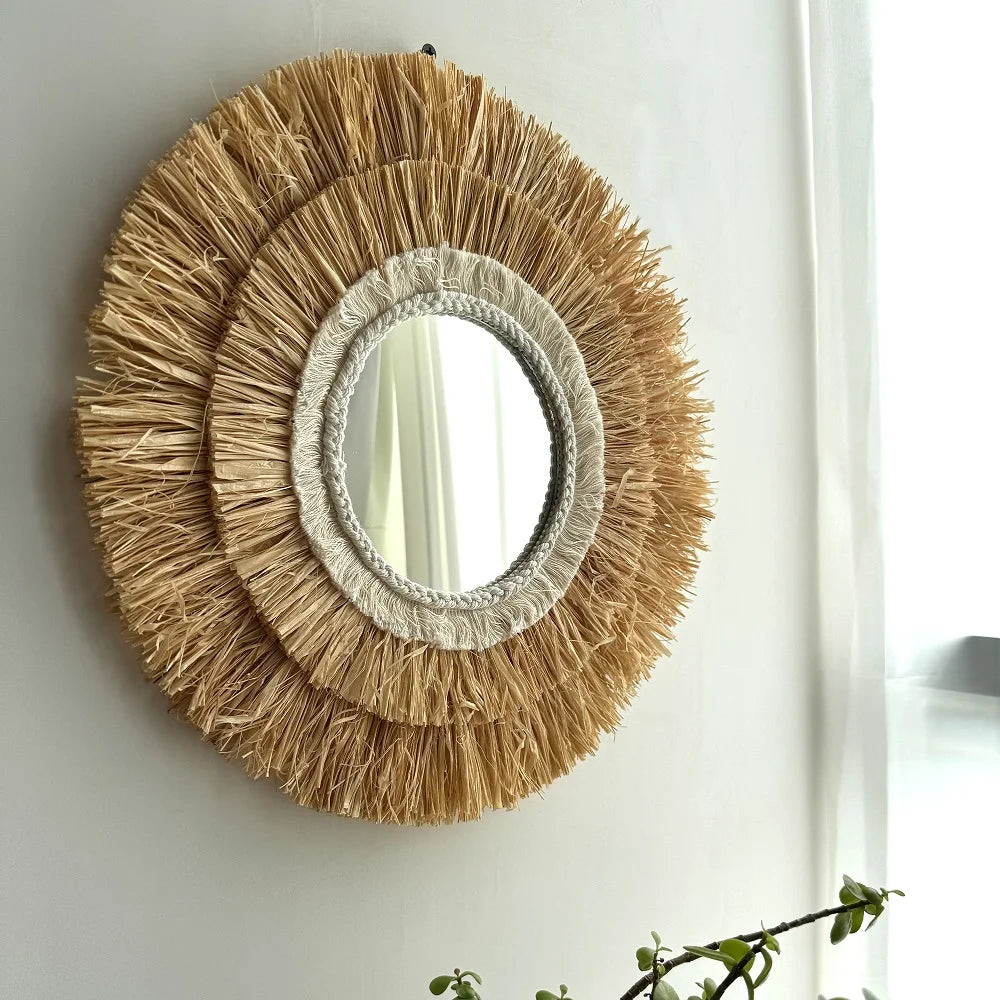 Boho Raffia Wall Mirror – Round Two-Layer Design for Rustic Living Room or Bathroom Decor