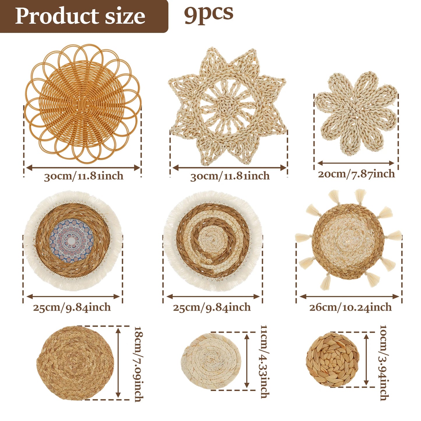 Boho Wall Hanging Basket Decor – 9-Piece Handmade Natural Wall Art for Bedroom & Living Room