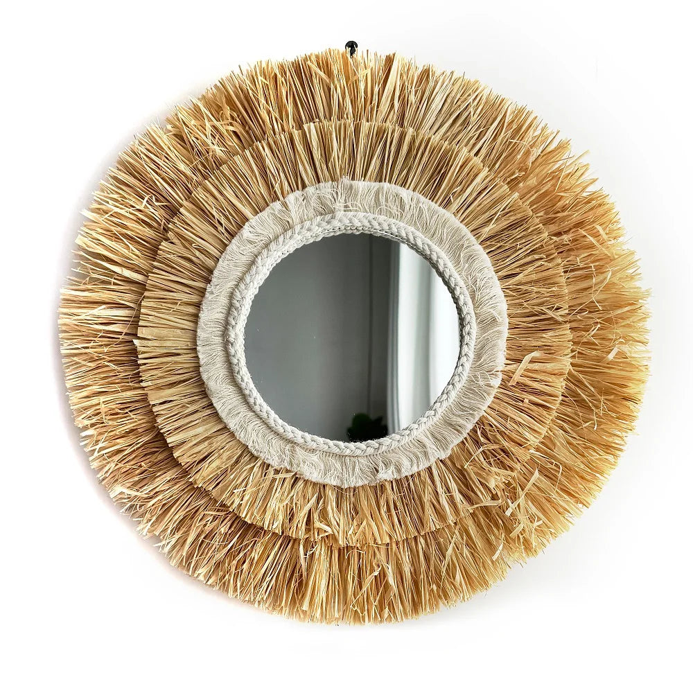 Boho Raffia Wall Mirror – Round Two-Layer Design for Rustic Living Room or Bathroom Decor