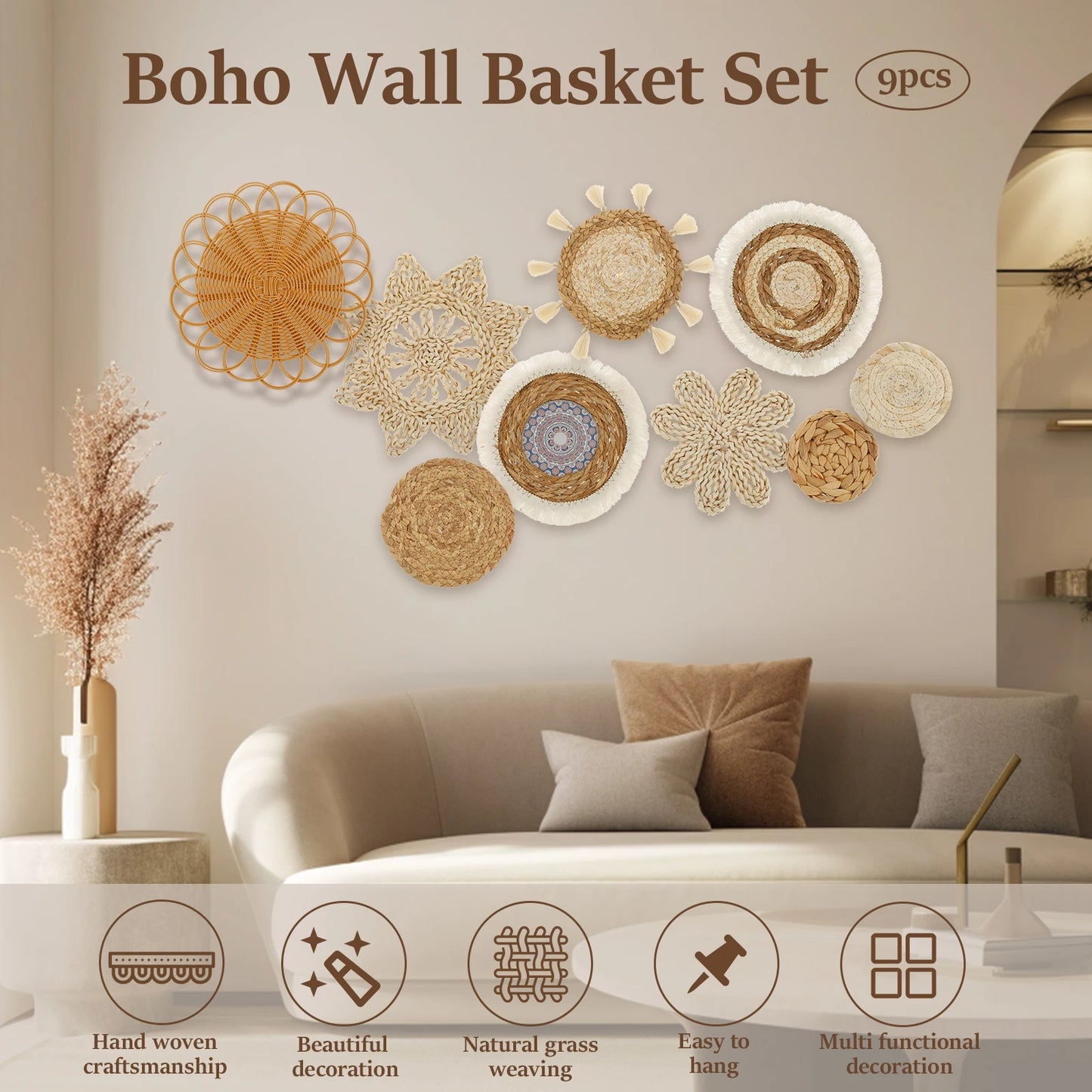 Boho Wall Hanging Basket Decor – 9-Piece Handmade Natural Wall Art for Bedroom & Living Room