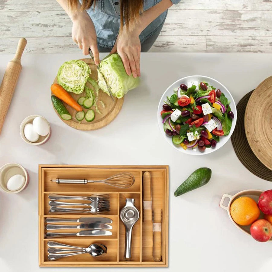 Bamboo Kitchen Drawer Organizer – Custom Fit Cutlery Rack
