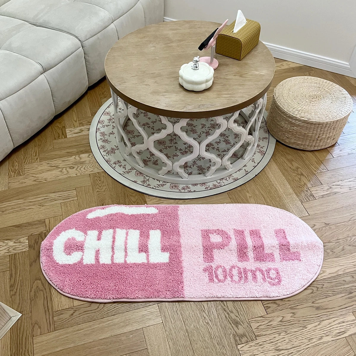 Chill Pill Tufted Rug – Pink Oval Anti-Slip Mat