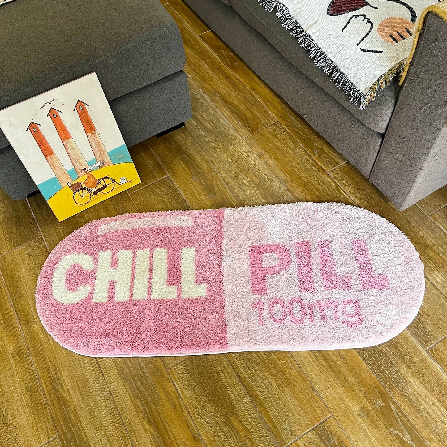 Chill Pill Tufted Rug – Pink Oval Anti-Slip Mat
