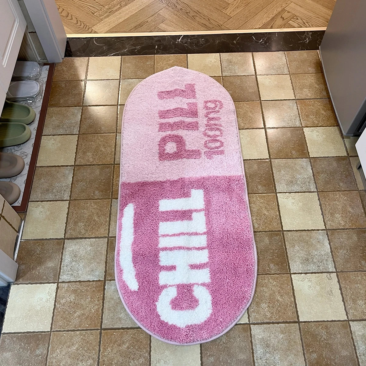 Chill Pill Tufted Rug – Pink Oval Anti-Slip Mat