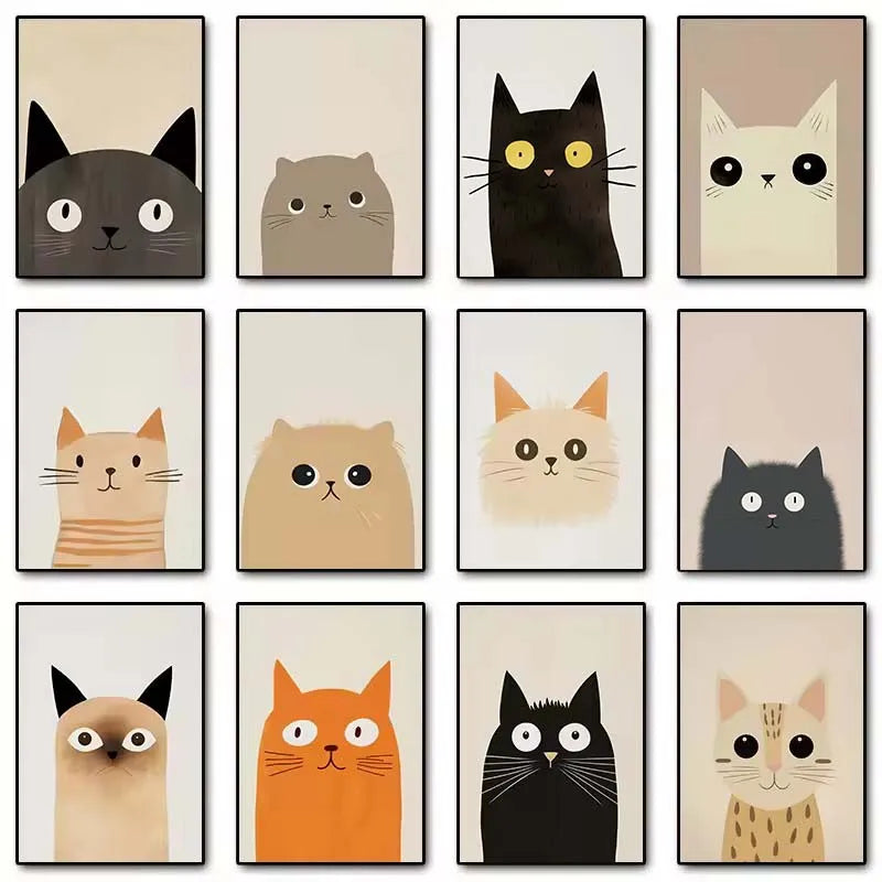Cartoon Cute Cat Posters – Minimalist Canvas Paintings for Home & Office Decor