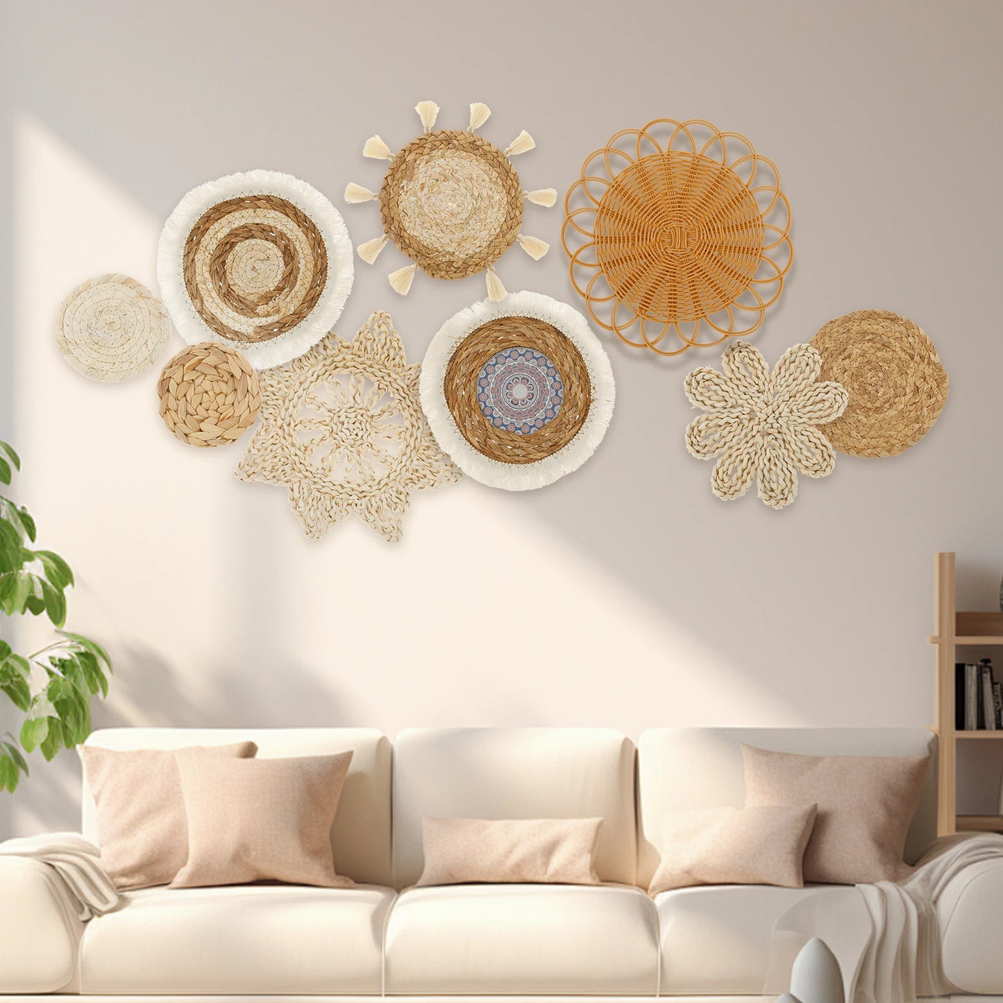 Boho Wall Hanging Basket Decor – 9-Piece Handmade Natural Wall Art for Bedroom & Living Room