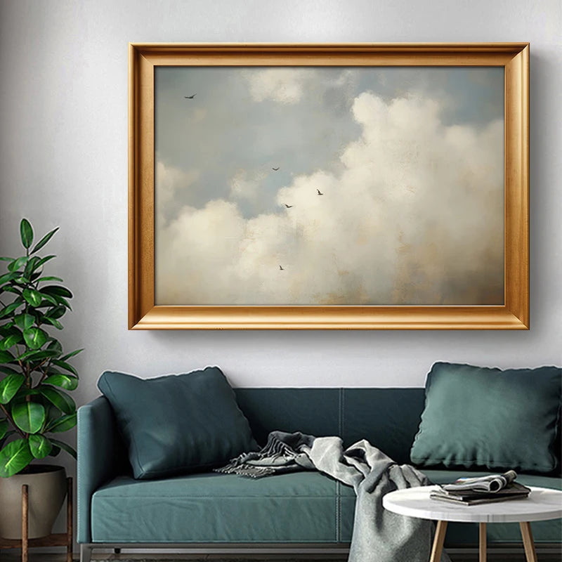 Sky Landscape Canvas Painting – Vintage Clouds and Birds Wall Art Print for Any Room