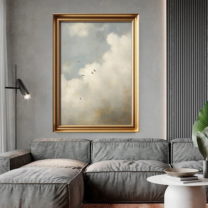 Sky Landscape Canvas Painting – Vintage Clouds and Birds Wall Art Print for Any Room