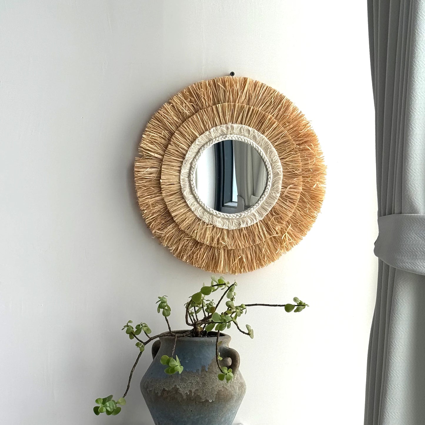 Boho Raffia Wall Mirror – Round Two-Layer Design for Rustic Living Room or Bathroom Decor