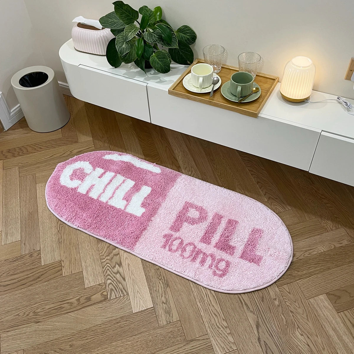 Chill Pill Tufted Rug – Pink Oval Anti-Slip Mat