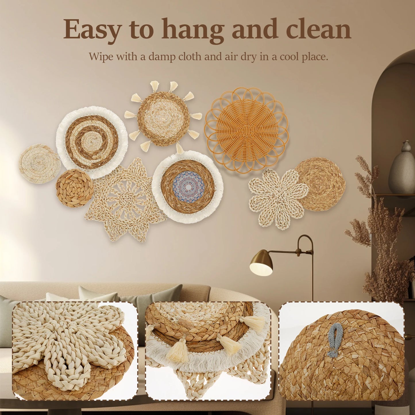 Boho Wall Hanging Basket Decor – 9-Piece Handmade Natural Wall Art for Bedroom & Living Room