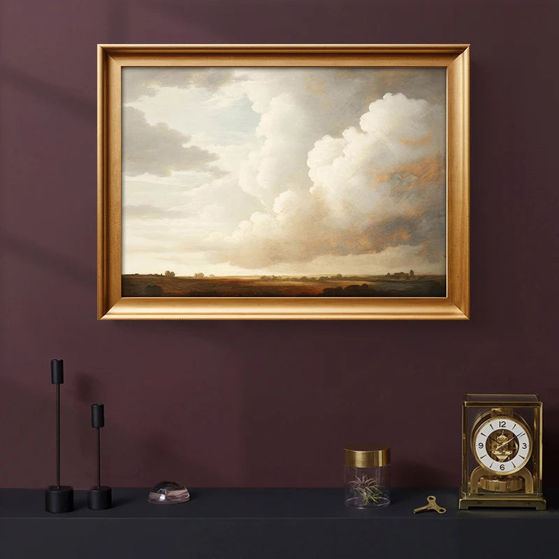 Sky Landscape Canvas Painting – Vintage Clouds and Birds Wall Art Print for Any Room