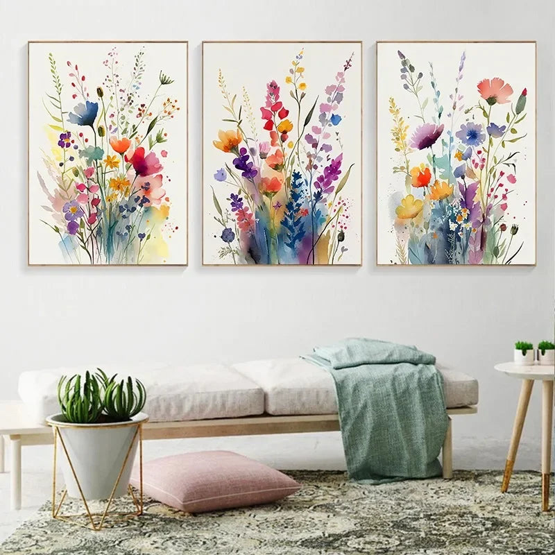 Watercolor Wildflower Poster – Colorful Floral Prints on Canvas for Modern Boho Wall Decor