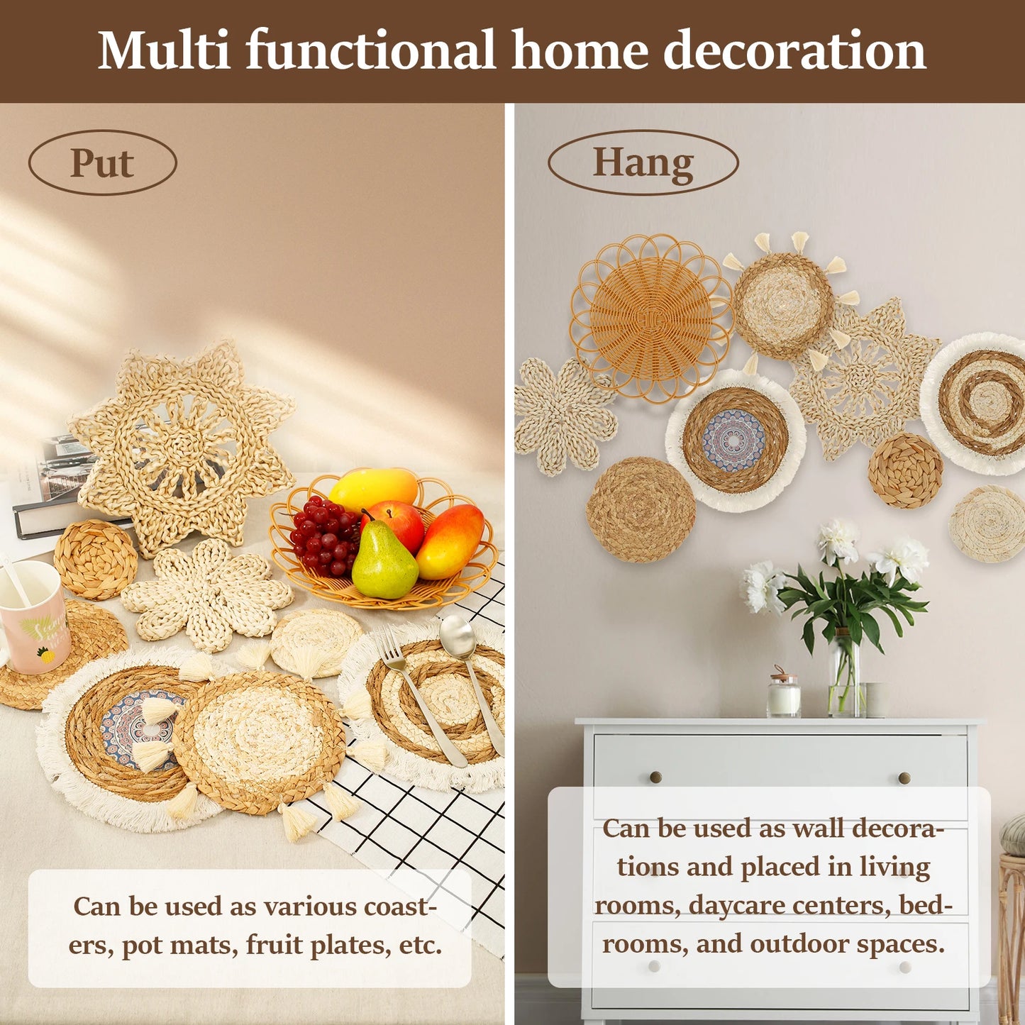 Boho Wall Hanging Basket Decor – 9-Piece Handmade Natural Wall Art for Bedroom & Living Room